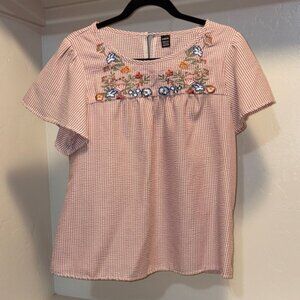 SHEIN Pink Striped Embroidered Blouse